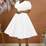 Plus Size Fashion V-neck Bubble Sleeve Dress GATE-D362