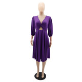 Solid V-neck Hollow Midi Dress GYLY-10092