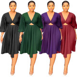Solid V-neck Hollow Midi Dress GYLY-10092