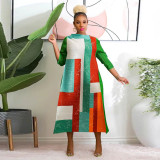 Color Block Print 3/4 Sleeve Maxi Dress YF-10500