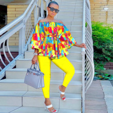 Plus Size One Shoulder Print Long Sleeve Two Piece Pants Set NY-10487
