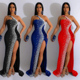 Solid Hot Drill Sequin Slit Maxi Dress BY-6365