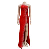 Solid Hot Drill Sequin Slit Maxi Dress BY-6365