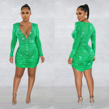 Mesh Hot Drill Long Sleeve Mini Dress BY-6376