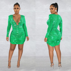 Mesh Hot Drill Long Sleeve Mini Dress BY-6376