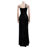 Solid Hot Drill Sequin Slit Maxi Dress BY-6365