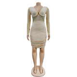 Mesh Hot Drill Long Sleeve Mini Dress BY-6376