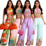 Print Sling Tops And Wide Leg Pants Two Piece Set SMR-11982