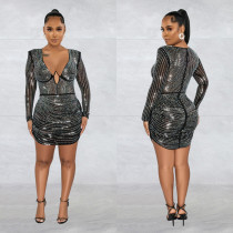 Mesh Hot Drill Long Sleeve Mini Dress BY-6376