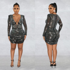 Mesh Hot Drill Long Sleeve Mini Dress BY-6376