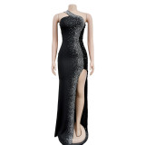 Solid Hot Drill Sequin Slit Maxi Dress BY-6365
