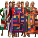 Color Block Print 3/4 Sleeve Maxi Dress YF-10500