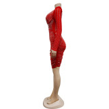 Mesh Hot Drill Long Sleeve Mini Dress BY-6376