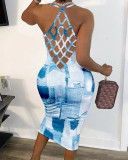 Faux Denim Print Sleeveless Midi Dress YH-5287