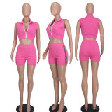 Solid Zipper Crop Tops And Shorts Two Piece Set YD-8746