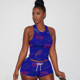 Letter Print Sleeveless Sport Two Piece Shorts Set TE-4588