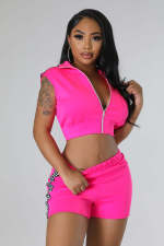 Solid Zipper Crop Tops And Shorts Two Piece Set YD-8746