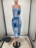 Faux Denim Print Sleeveless Midi Dress YH-5287