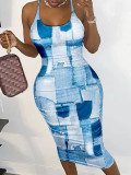 Faux Denim Print Sleeveless Midi Dress YH-5287