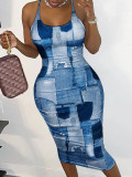 Faux Denim Print Sleeveless Midi Dress YH-5287