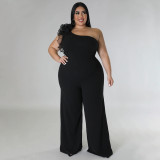 Plus Size Mesh Patchwork Single Shoulder Jumpsuit NNWF-7824
