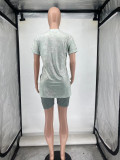 Plus Size Printed Casual Sports Short Sleeve Shorts Two Piece Set WAF-77590
