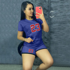 Solid Color Print Sport Short Sleeve Two Piece Shorts Set XMF-292