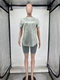 Plus Size Printed Casual Sports Short Sleeve Shorts Two Piece Set WAF-77590