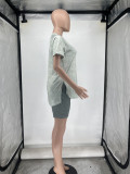 Plus Size Printed Casual Sports Short Sleeve Shorts Two Piece Set WAF-77590