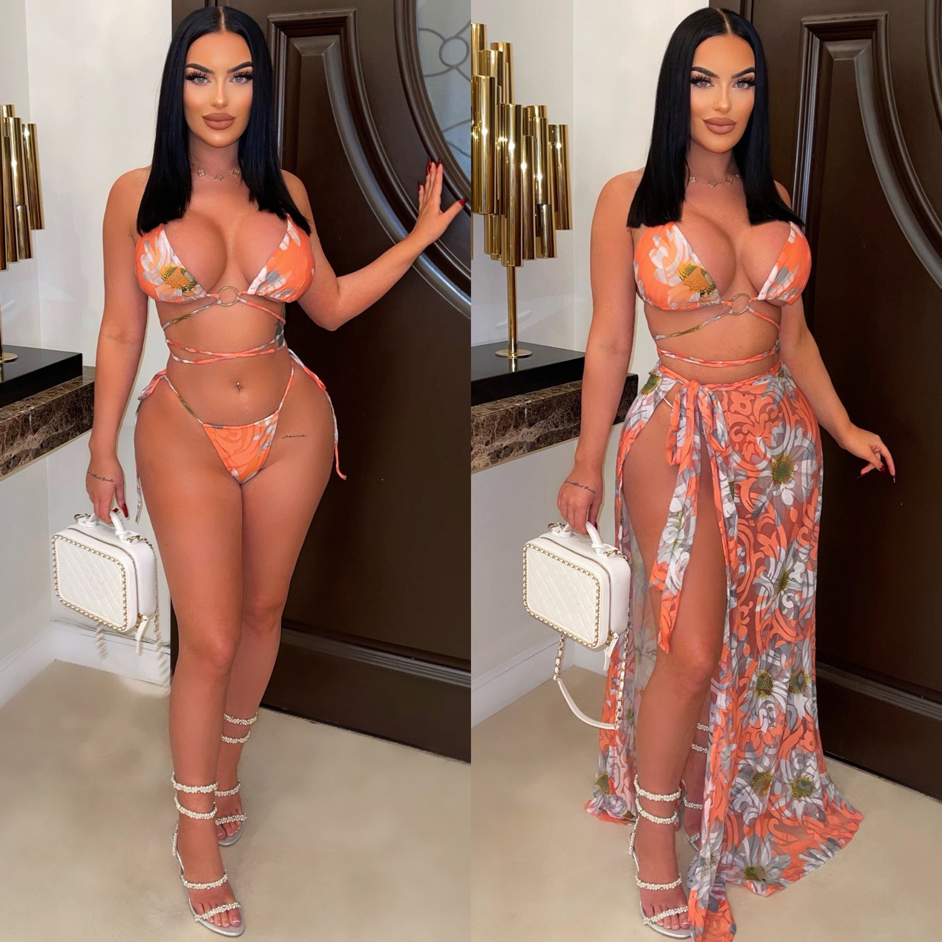 Summer Women Clothing Sexy Print Lace up Bikini Three Piece Set main image 1