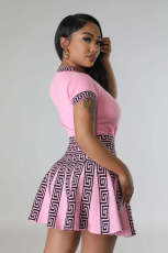 O Neck Short Sleeve Tops And Pleated Skirt Two Piece Set OSM-4399