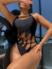 Solid Hollow Out Bandage One Piece Swimsuit CSYZ-A09H