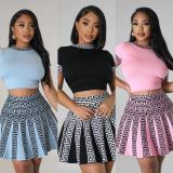 O Neck Short Sleeve Tops And Pleated Skirt Two Piece Set OSM-4399