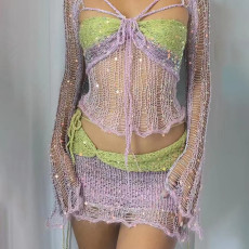Fashion Sequin Knits Three Piece Skirts Set GCNF-0288