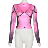 Long Sleeve Round Neck Fashion Print Slim Fit Top GYME-K22L24220