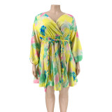 Plus Size Printed V-neck Dress With Belt OSIF-20858
