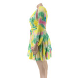 Plus Size Printed V-neck Dress With Belt OSIF-20858