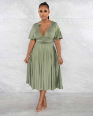 Solid V Neck Short Sleeve Pleated Midi Dress XMY-9422