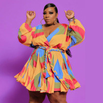 Plus Size Printed V-neck Dress With Belt OSIF-20858