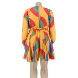 Plus Size Printed V-neck Dress With Belt OSIF-20858