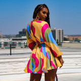 Plus Size Printed V-neck Dress With Belt OSIF-20858