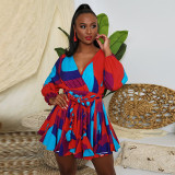 Plus Size Printed V-neck Dress With Belt OSIF-20858
