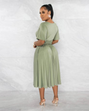 Solid V Neck Short Sleeve Pleated Midi Dress XMY-9422