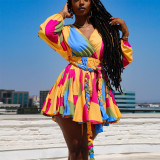 Plus Size Printed V-neck Dress With Belt OSIF-20858