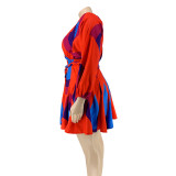Plus Size Printed V-neck Dress With Belt OSIF-20858