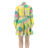Plus Size Printed V-neck Dress With Belt OSIF-20858