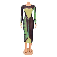 Fashion Sexy Mesh Printed Long Sleeve Midi Dress GOSD-1268