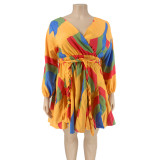 Plus Size Printed V-neck Dress With Belt OSIF-20858