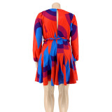 Plus Size Printed V-neck Dress With Belt OSIF-20858