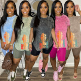 Casual Print Short Sleeve Sports Two Piece Shorts Set WAF-7590226